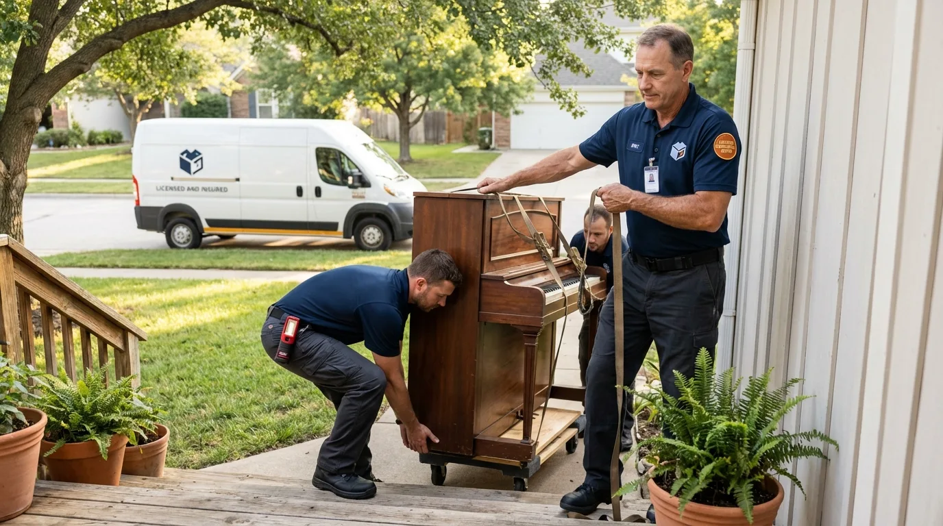 Licensed piano movers securing grand piano in Munroe Falls, OH