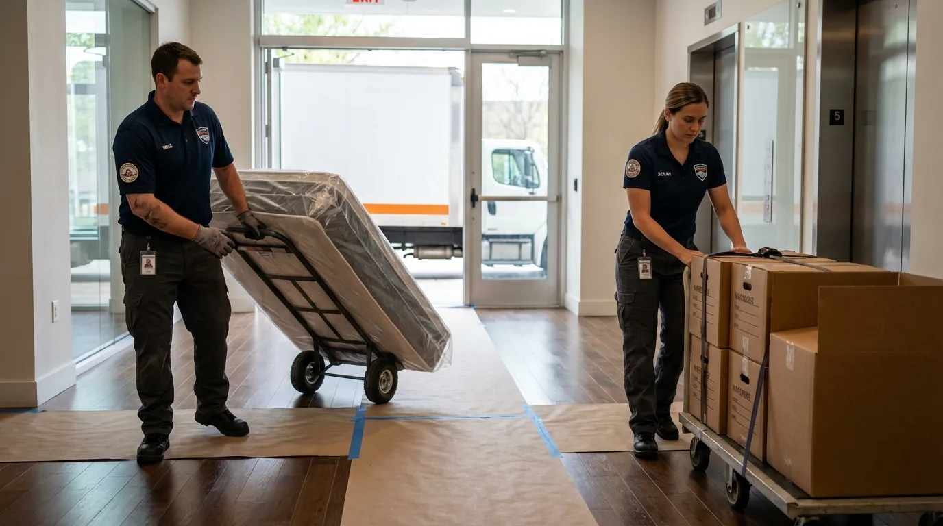 Professional apartment movers loading elevator in Munroe Falls, OH